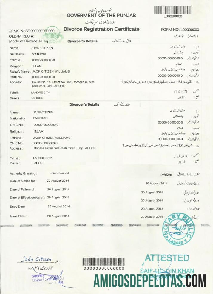 Certidão de divórcio do PAQUISTÃO (Punjab) amostra